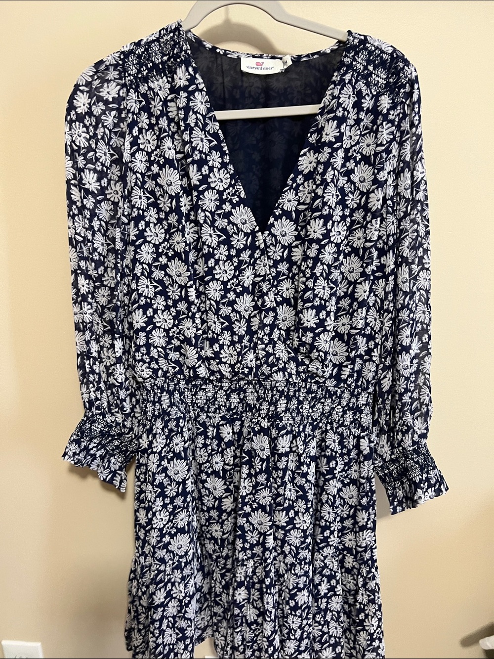 Vineyard Vines Navy Floral Wrap-Style Smocked Waist Dress